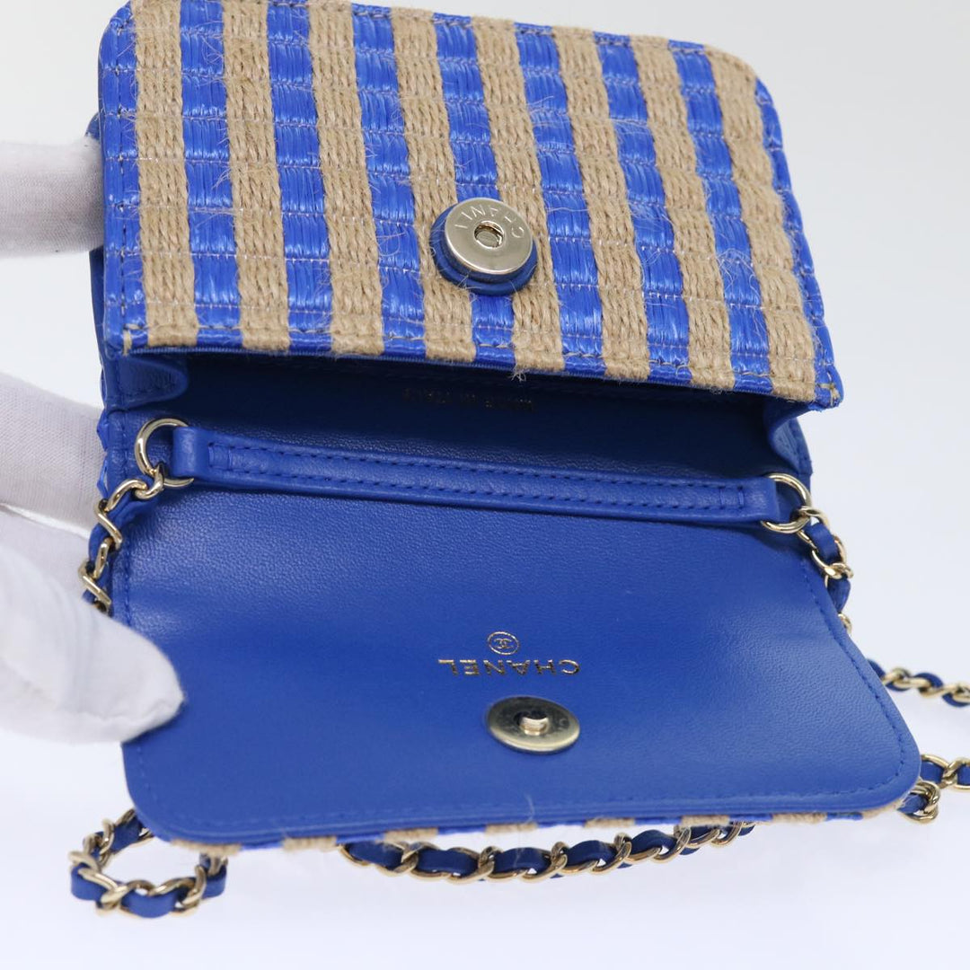 Top Quality Chanel Chain Shoulder Bag Raffia Blue Beige CC Auth 51139A