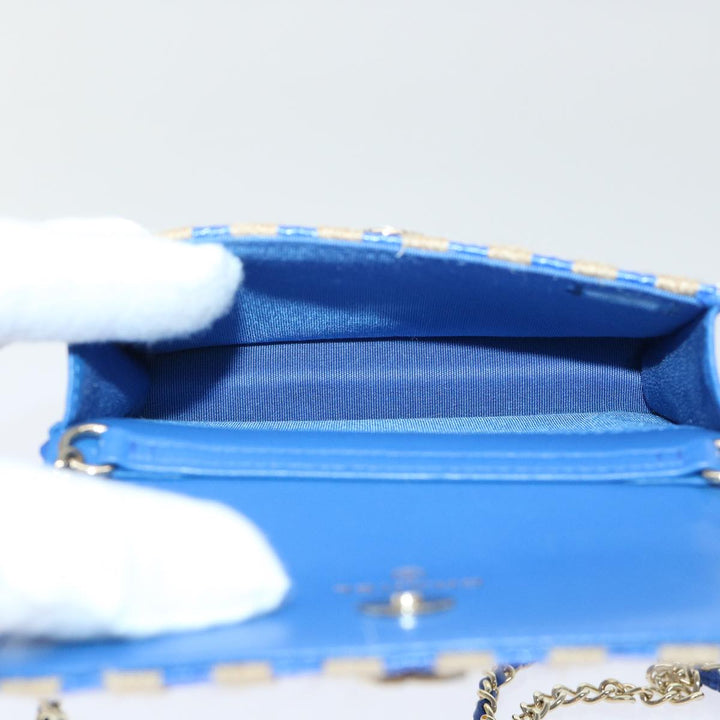 Top Quality Chanel Chain Shoulder Bag Raffia Blue Beige CC Auth 51139A