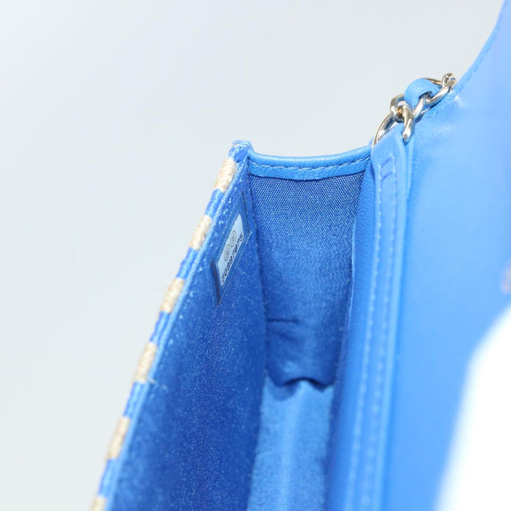 Top Quality Chanel Chain Shoulder Bag Raffia Blue Beige CC Auth 51139A