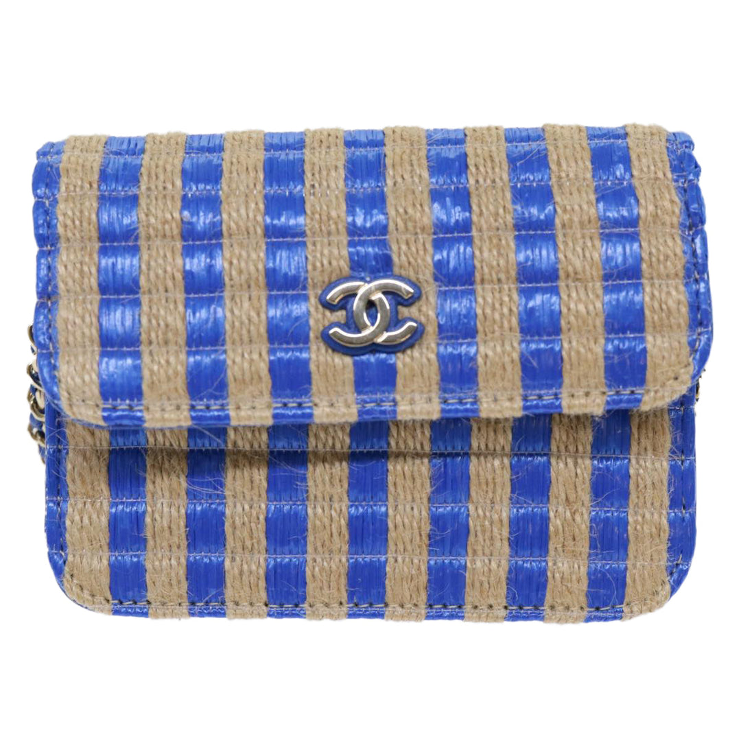 Top Quality Chanel Chain Shoulder Bag Raffia Blue Beige CC Auth 51139A
