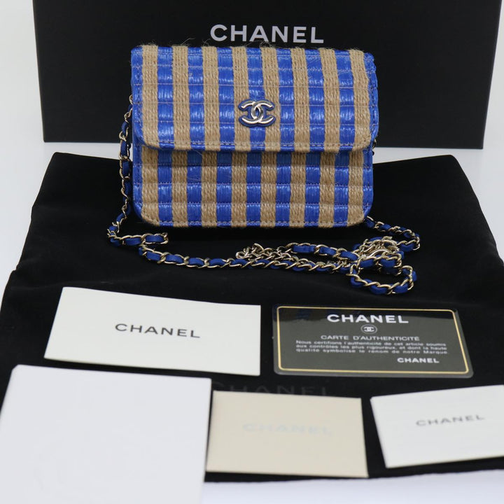 Top Quality Chanel Chain Shoulder Bag Raffia Blue Beige CC Auth 51139A