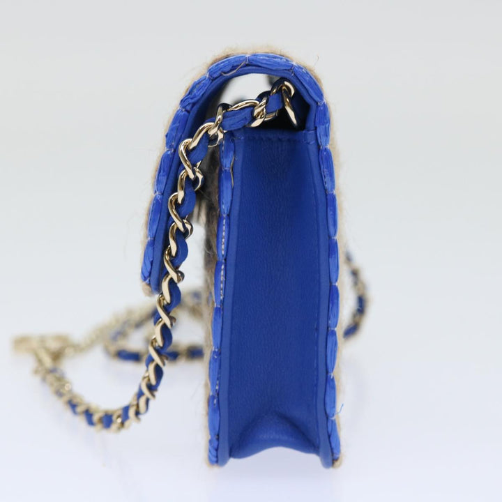 Top Quality Chanel Chain Shoulder Bag Raffia Blue Beige CC Auth 51139A