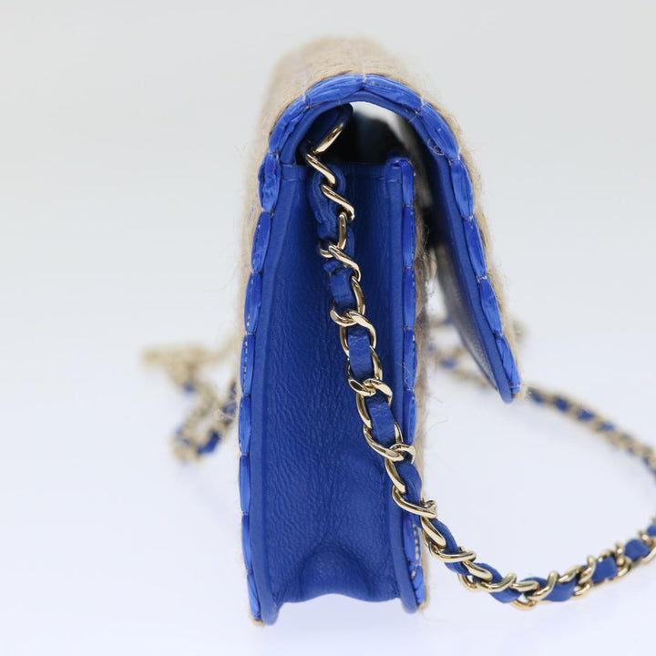Top Quality Chanel Chain Shoulder Bag Raffia Blue Beige CC Auth 51139A