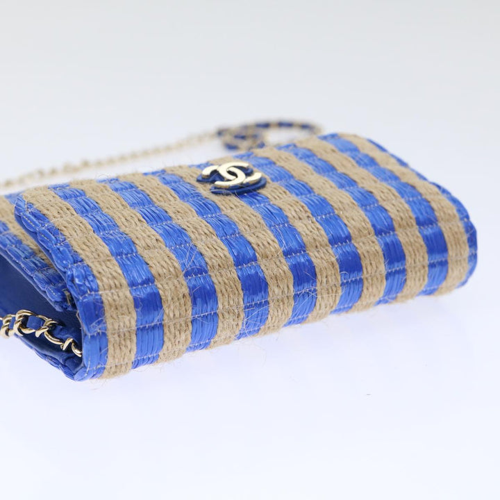 Top Quality Chanel Chain Shoulder Bag Raffia Blue Beige CC Auth 51139A