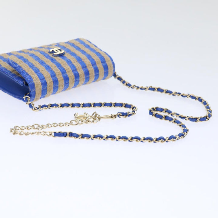 Top Quality Chanel Chain Shoulder Bag Raffia Blue Beige CC Auth 51139A