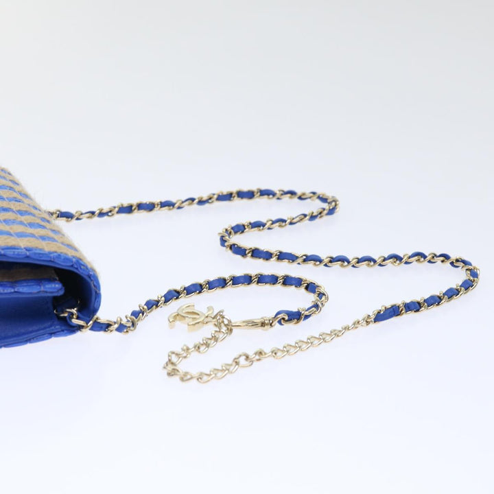 Top Quality Chanel Chain Shoulder Bag Raffia Blue Beige CC Auth 51139A