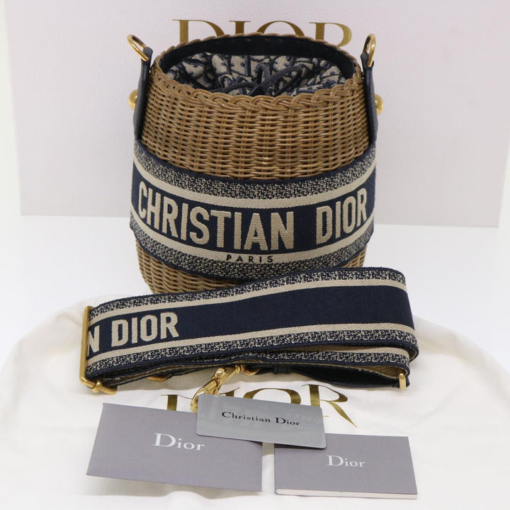 CHRISTIAN Top quality Dior Basket Bag Trotter Canvas Shoulder Bag Rattan Blue Auth 51270A