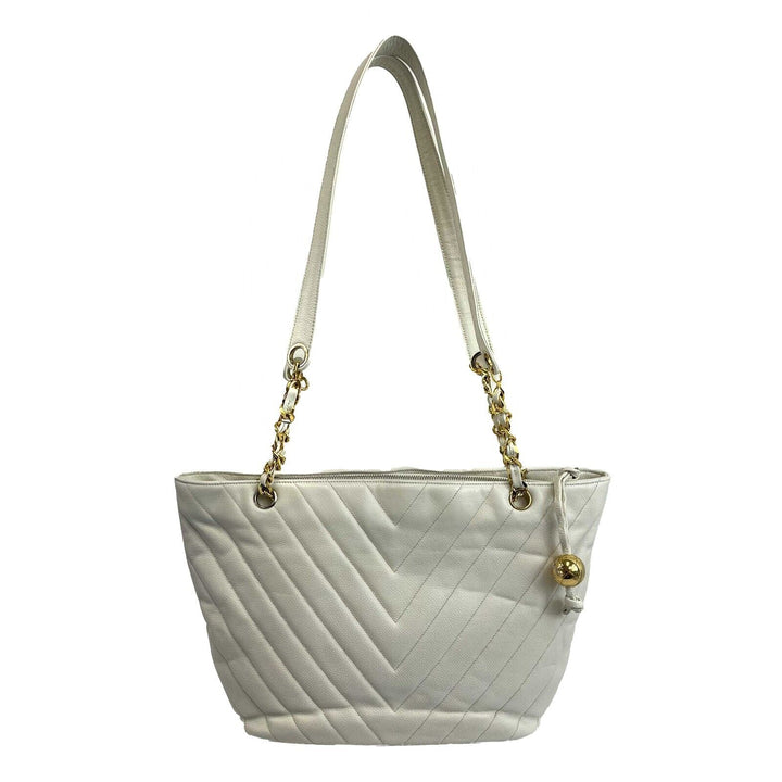Chanel - Vintage 1994 White Leather Small Chevron Tote / Shoulder Bag