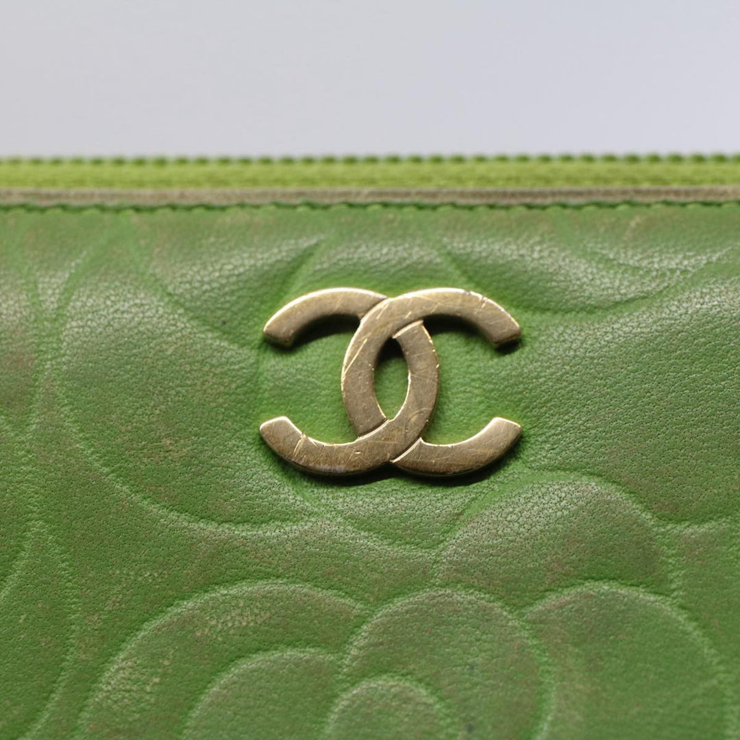 Chanel Camelia Long Wallet Leather Green CC Auth 52452