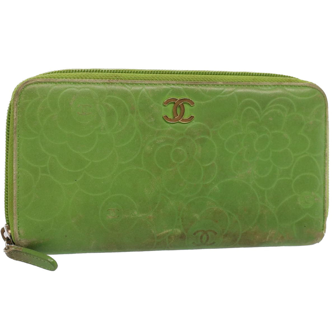 Chanel Camelia Long Wallet Leather Green CC Auth 52452
