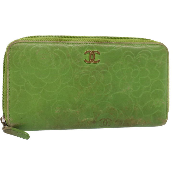 Chanel Camelia Long Wallet Leather Green CC Auth 52452