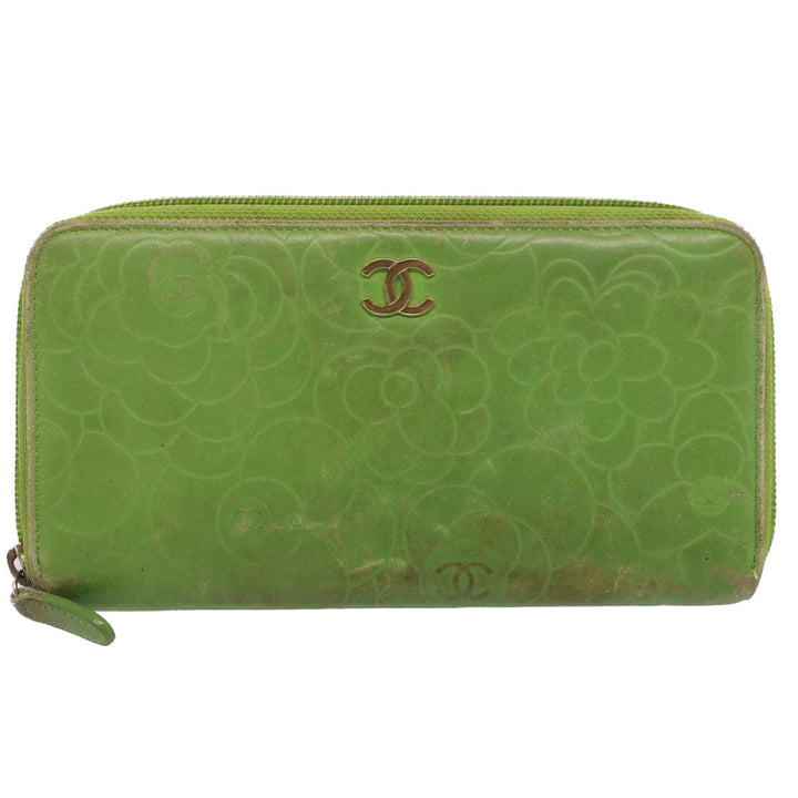 Chanel Camelia Long Wallet Leather Green CC Auth 52452