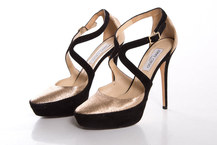 Jimmy Choo Rose Gold Glitter & Black Suede Heels SZ 41