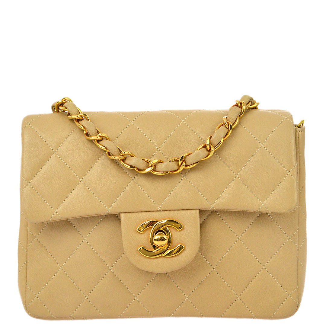 Top Quality Chanel * Beige Lambskin Mini Classic Square Flap Shoulder Bag 17
