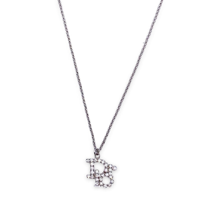 CHRISTIAN Top quality Dior Silver Metal Crystals Oblique Logo Necklace