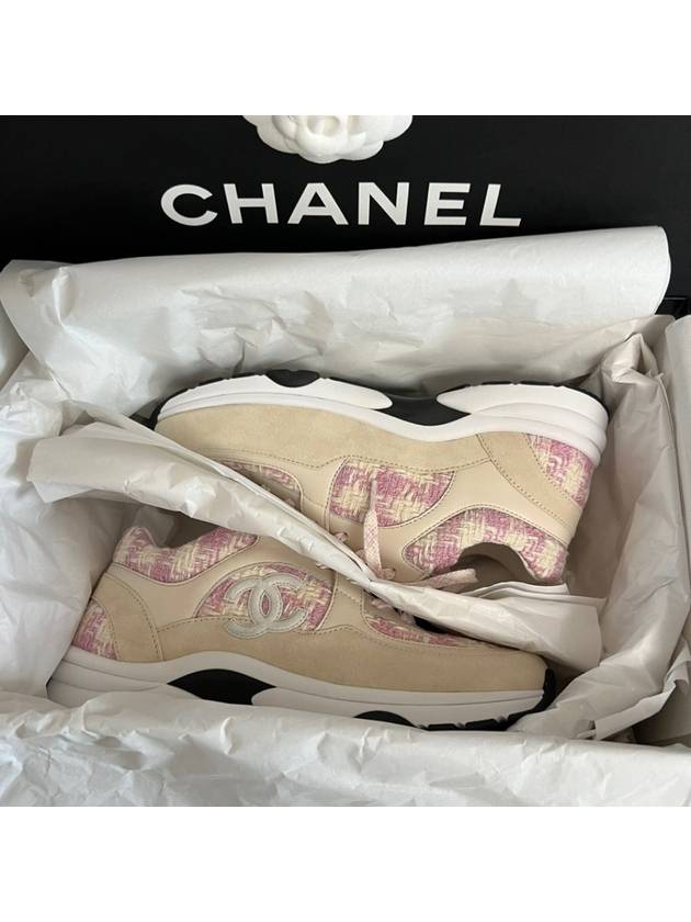 CC Logo Cotton Tweed Suede Calfskin Low Top Sneakers Pink Ecru Chanel