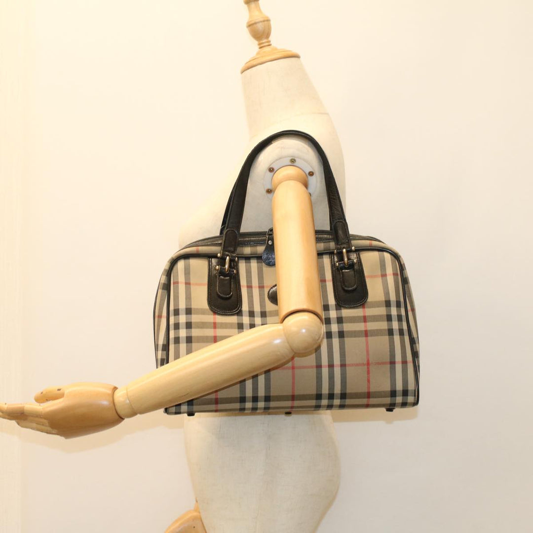 BURBERRYSs Nova Check Boston Bag Canvas Leather Beige Black Auth 53393