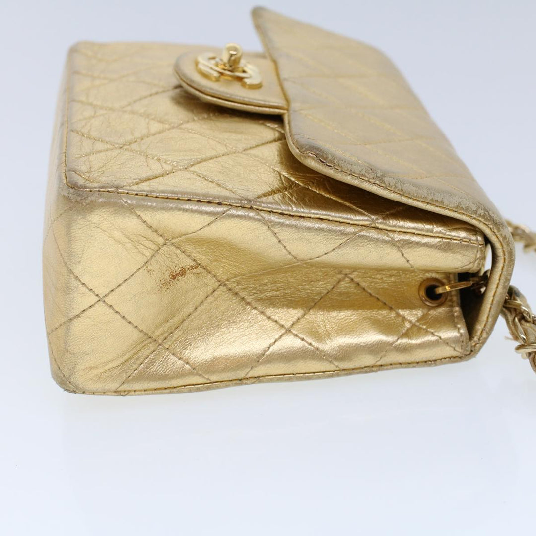 Chanel Matelasse Turn Lock Chain Shoulder Bag Lamb Skin Gold CC Auth 53752A