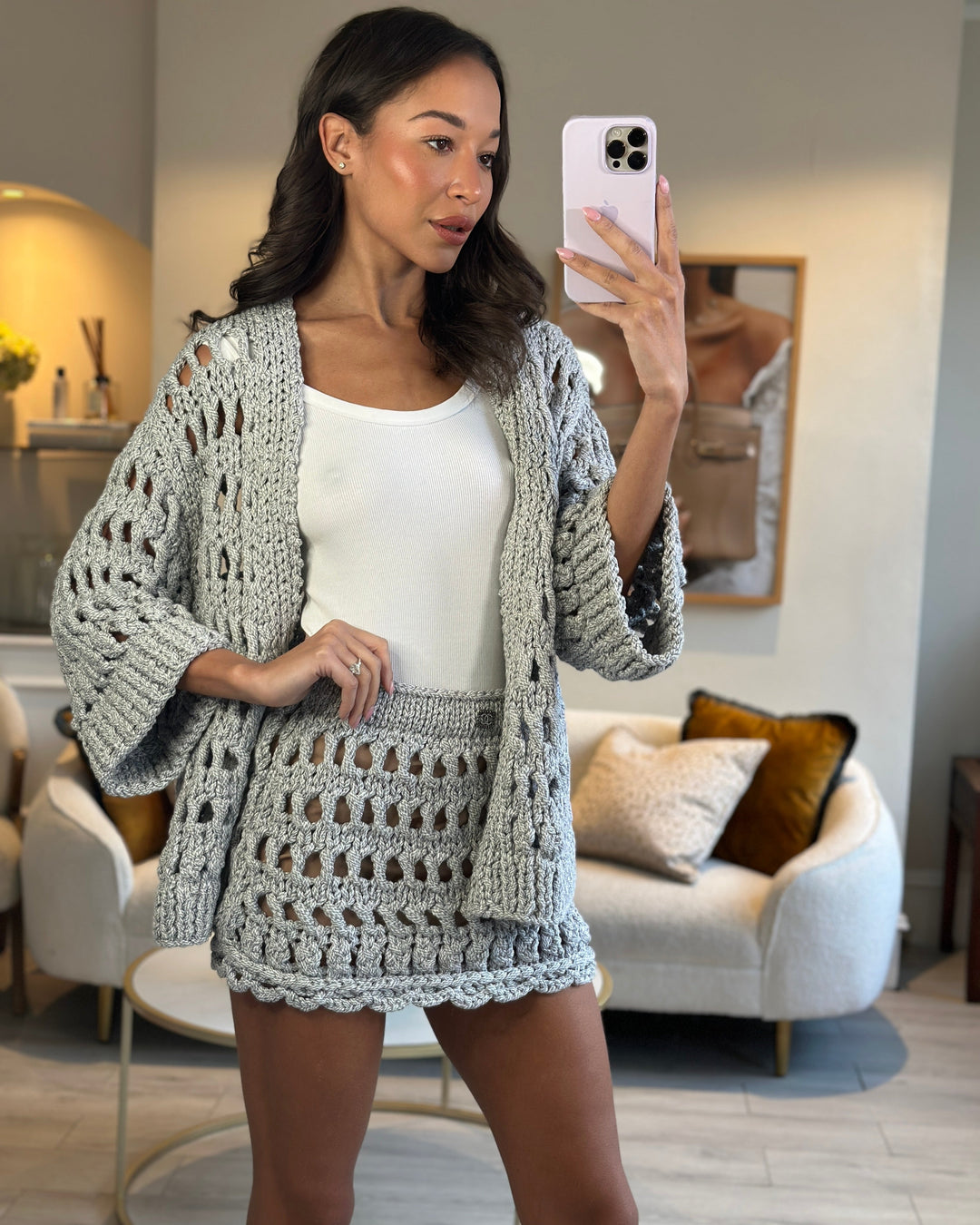 *SUPER HOT* Top Quality Chanel 25C Grey Chunky Knitted igan & Skirt Set with Crystal Flower Buttons Detail Size FR 36 (UK 8) / FR 34 (UK 6)