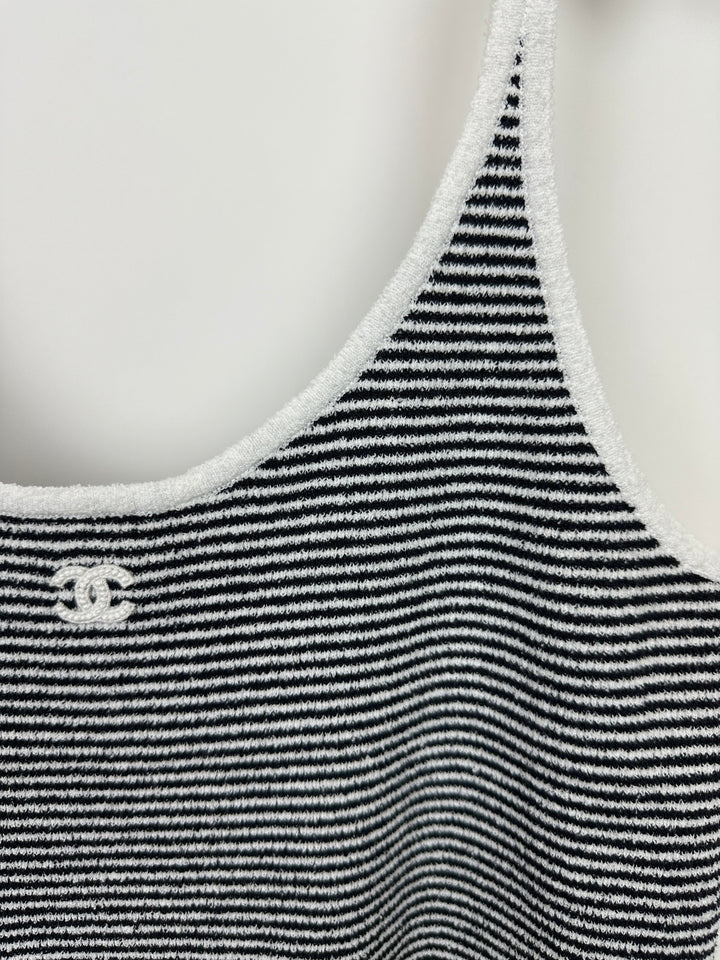 Top Quality Chanel Black and White Stripe Tank Top with CC Logo Detail Size FR 42 (UK 14)