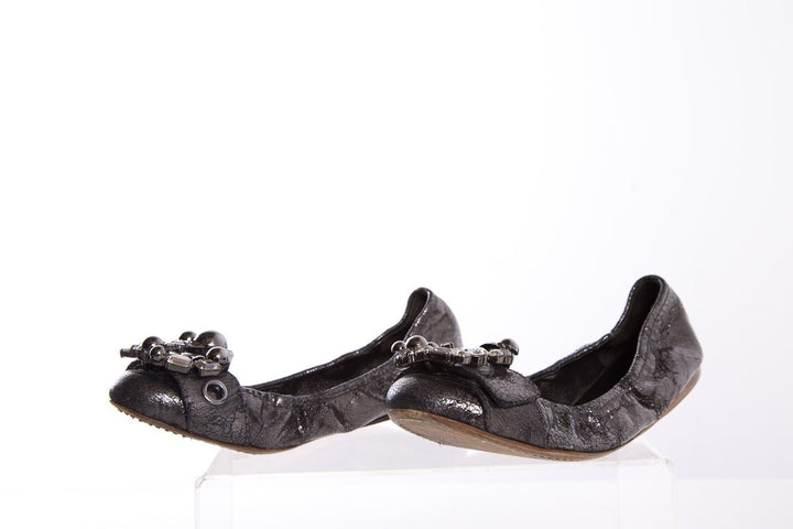 Miu Miu Metallic Grey Leather Crystal Embellishments Ballet Flats SZ 38.5