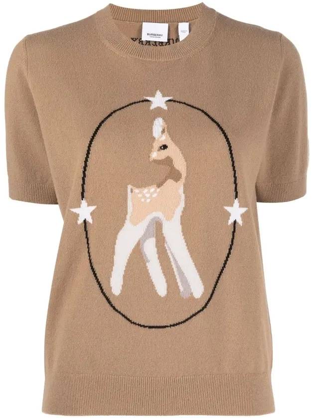 Burberry WoMen's Deer Intarsia Short Sleeve Knit Top Brown