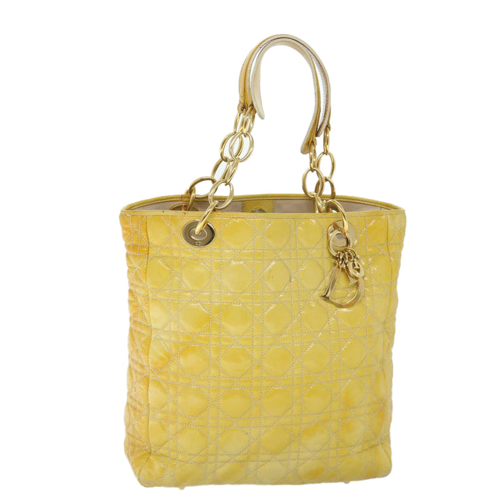 CHRISTIAN Dior Lady Dior Canage Chain Tote Bag Patent leather Yellow Auth 54827