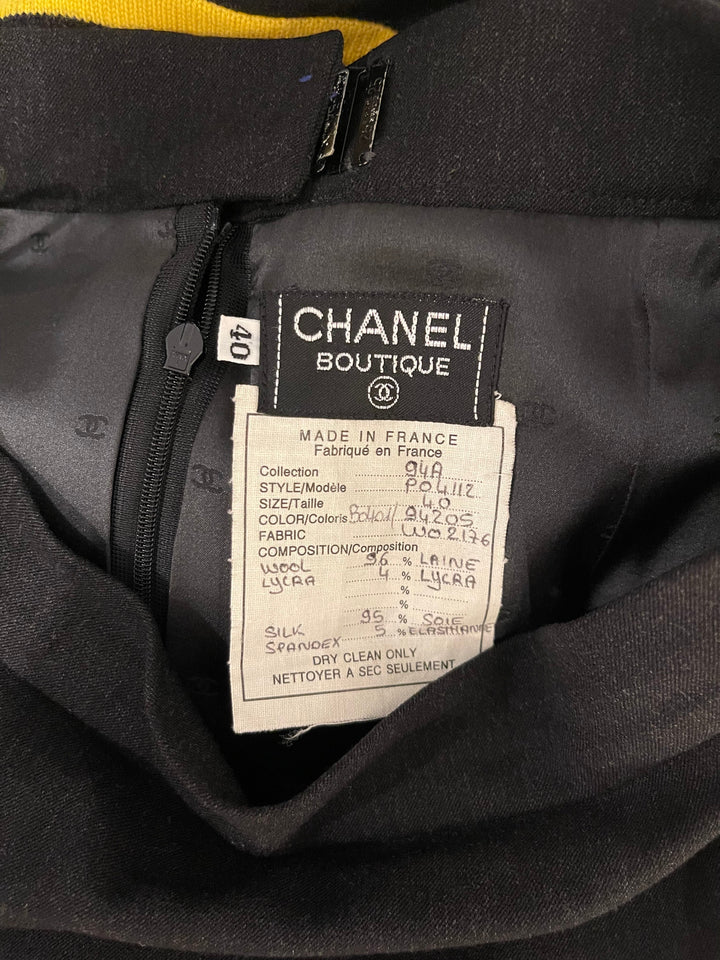 *HOT* Top Quality Chanel 1994 Vintage Black and Yellow Wool Jacket & Midi Skirt Set with CC Logo Button Details Size FR 40 (UK 12)