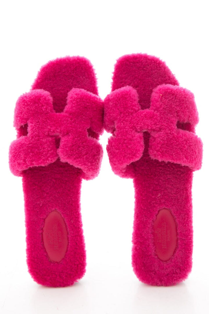 Hermès Oran Teddy Shearling Fun Pink Slides SZ 39.5