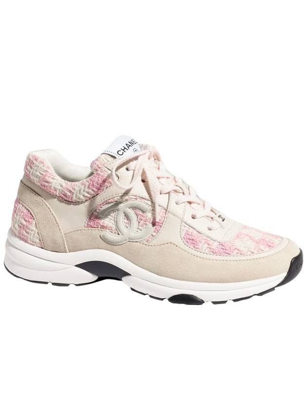 CC Logo Cotton Tweed Suede Calfskin Low Top Sneakers Pink Ecru Chanel
