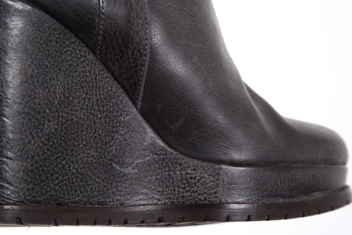 Brunello Cucinelli Grey Leather Platform Wedge Boots SZ 39