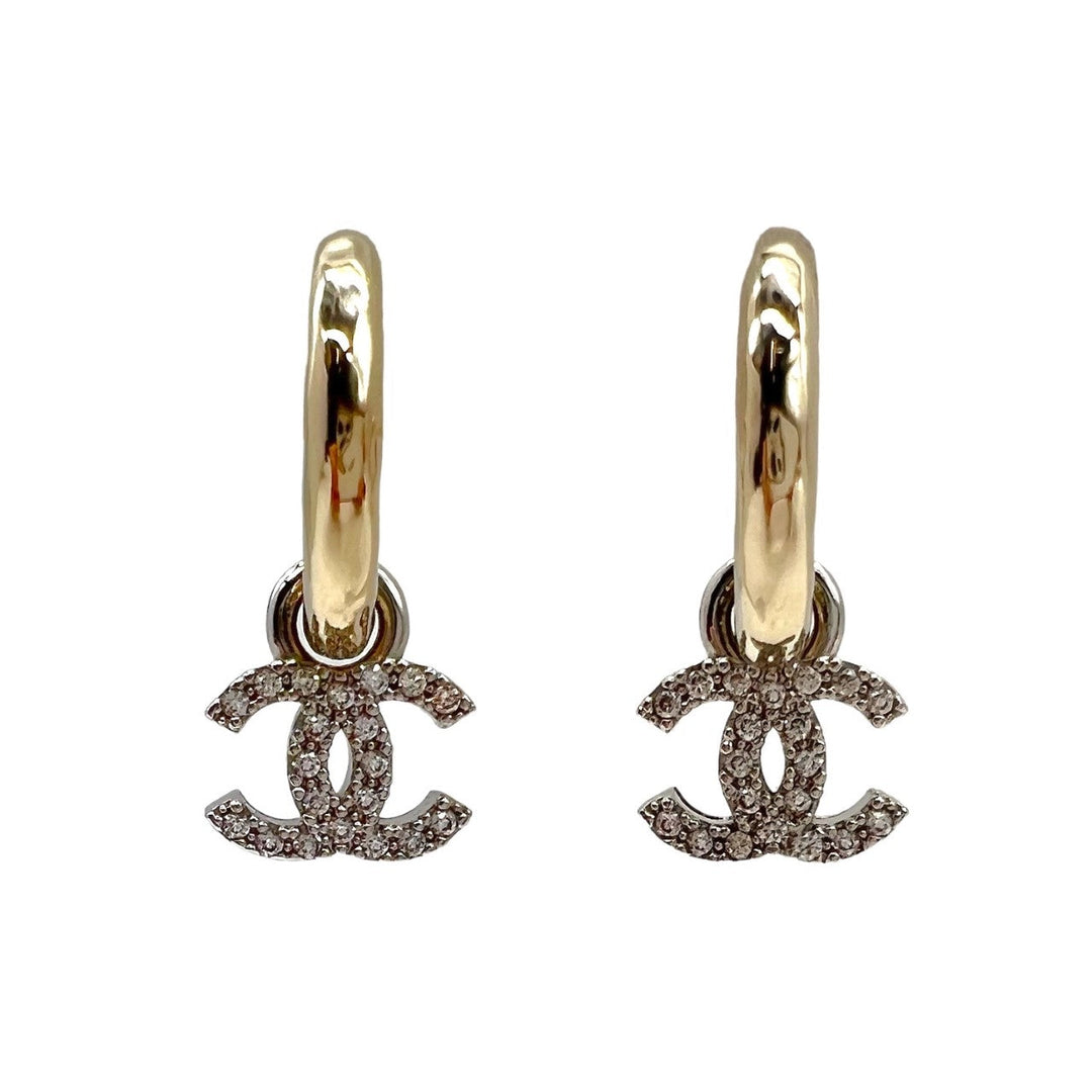 Top Quality Chanel  Interlocking CC Gold-tone & Crystal Studded Dangle Earrings