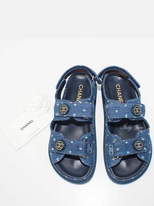 Printed Denim Velcro Sandals Blue Chanel