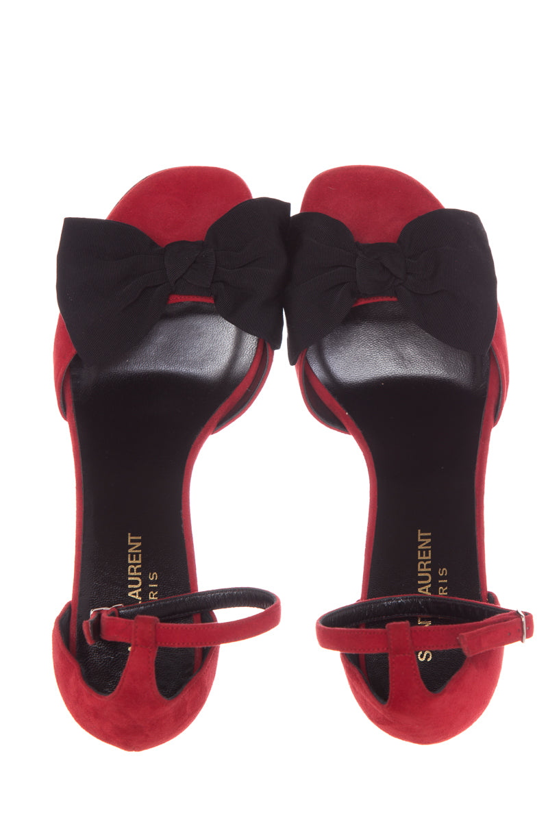 Saint Laurent Red & Black Suede Bow Detail Heels SZ 38