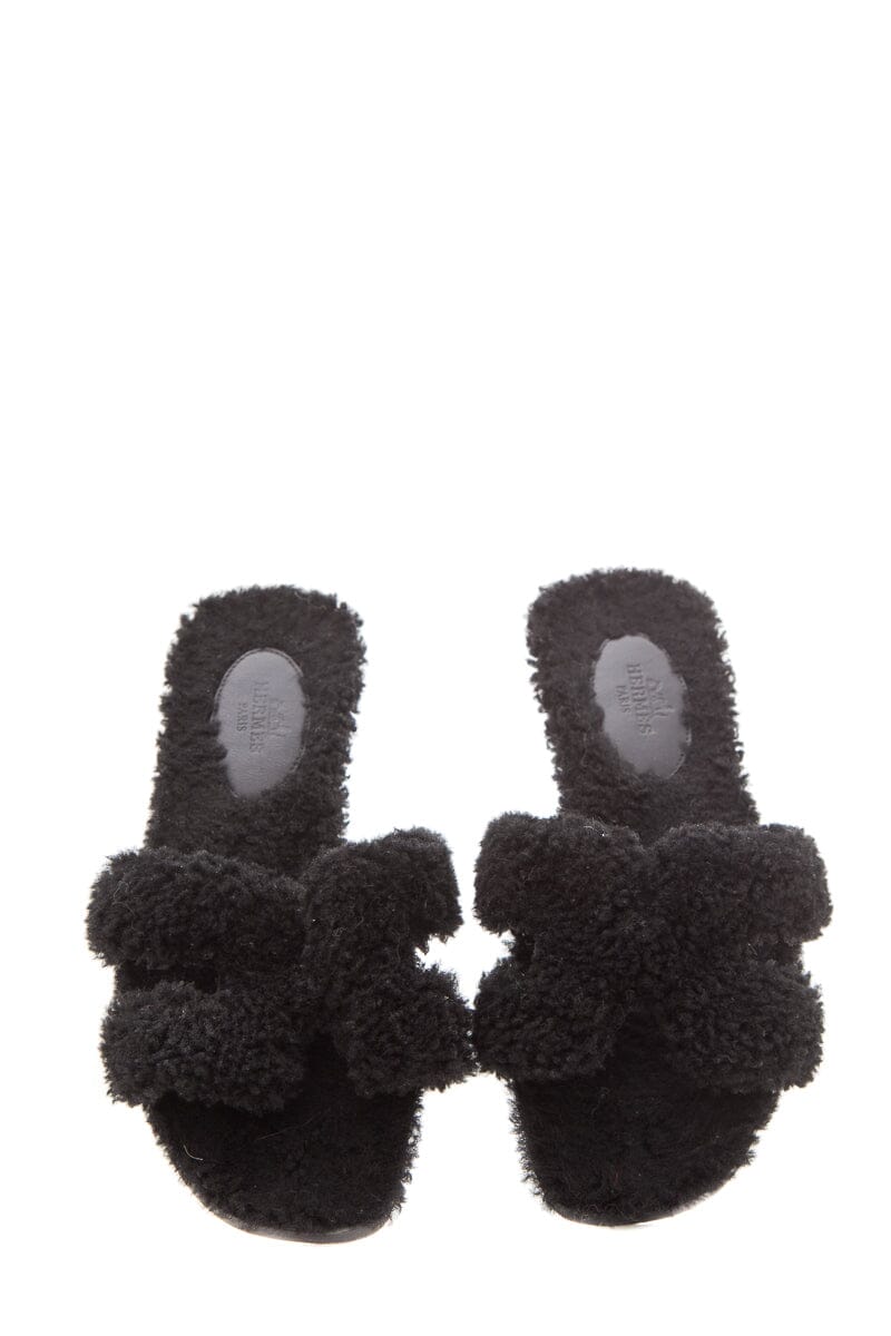 Hermès "Oran" Black Shearling Slides SZ 35