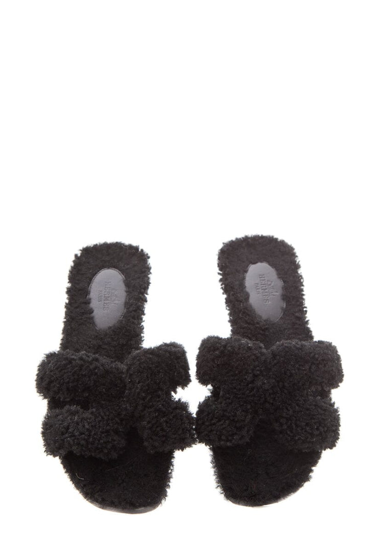 Hermès "Oran" Black Shearling Slides SZ 35