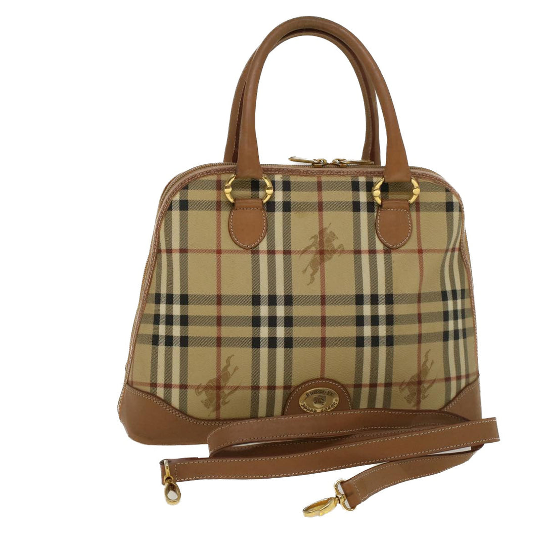 BurberrySs Nova Check Hand Bag PVC Leather 2way Beige Black Auth 58089