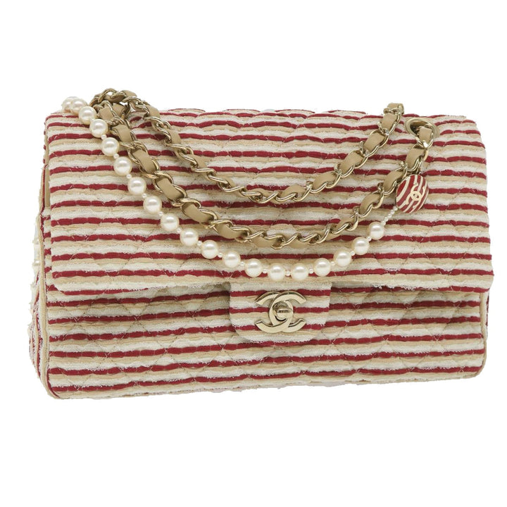 Chanel Quilted Matelasse Chain Shoulder Bag Canvas Red Beige CC Auth 58343S