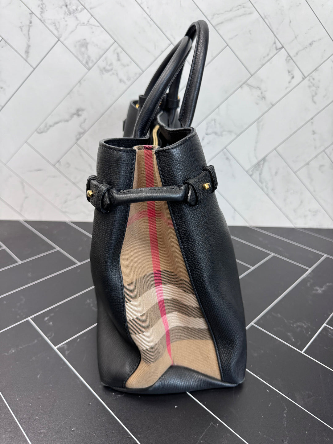 Burberry Black Leather Banner Tote Bag