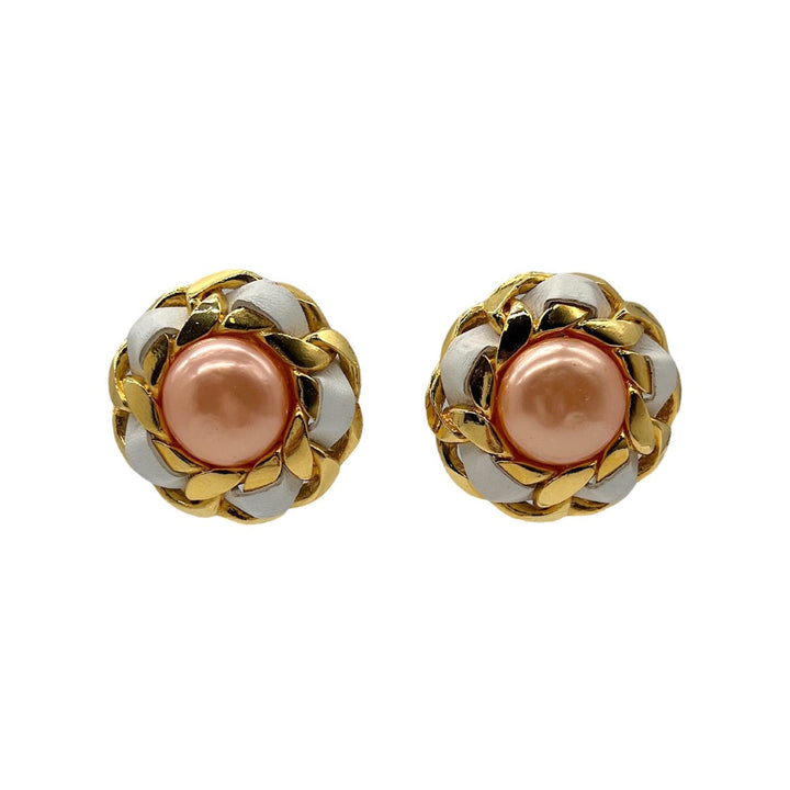 Vintage Top Quality Chanel Peach Synthetic Pearl Leather & Chain Earrings