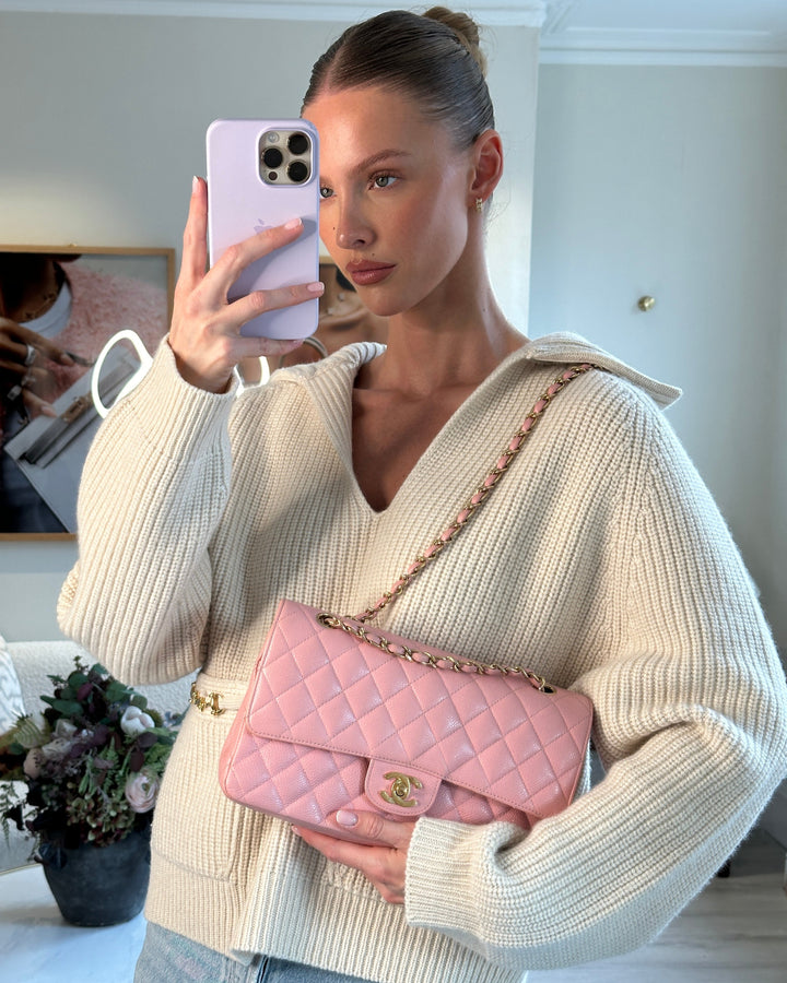 *HOT* Top Quality Chanel Bubblegum Pink Vintage Classic Medium Double Flap Bag in Caviar Leather with 24K Gold Hardware