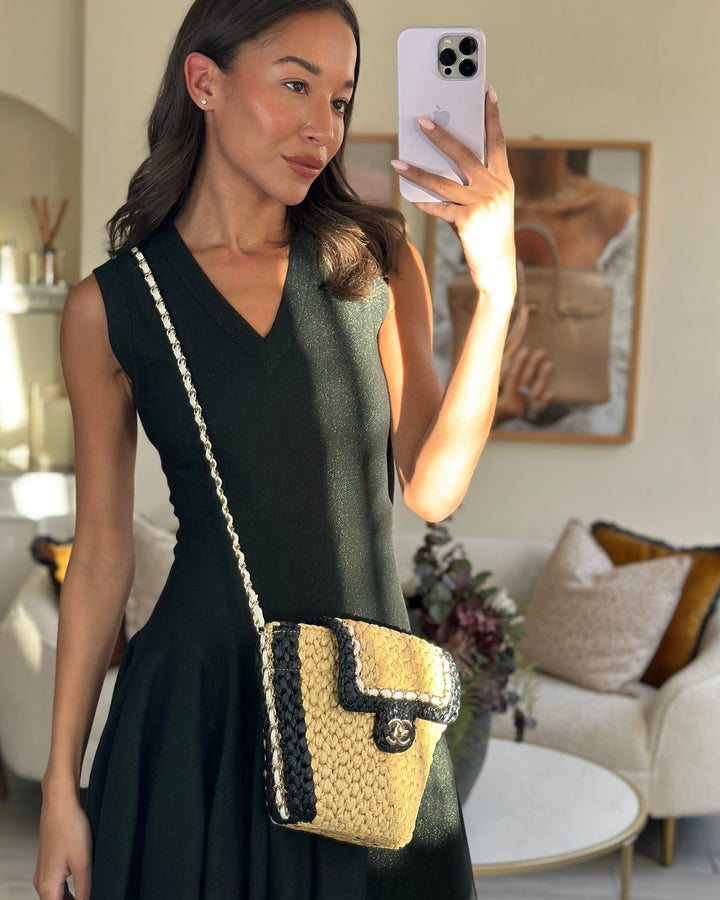 *HOT* Top Quality Chanel 24C Venice Collection Beige Raffia Basket Bag with White Leather Interlocking Chain & Champagne Gold Hardware