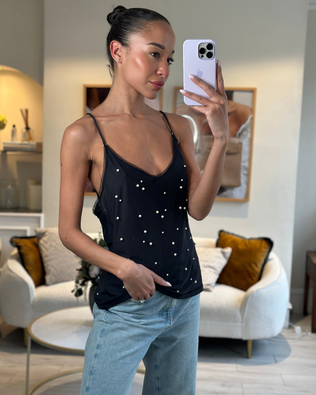Top Quality Chanel Black Tank Top with Pearl Embellishments and CC Logo Detail Size FR 38 (UK 10)