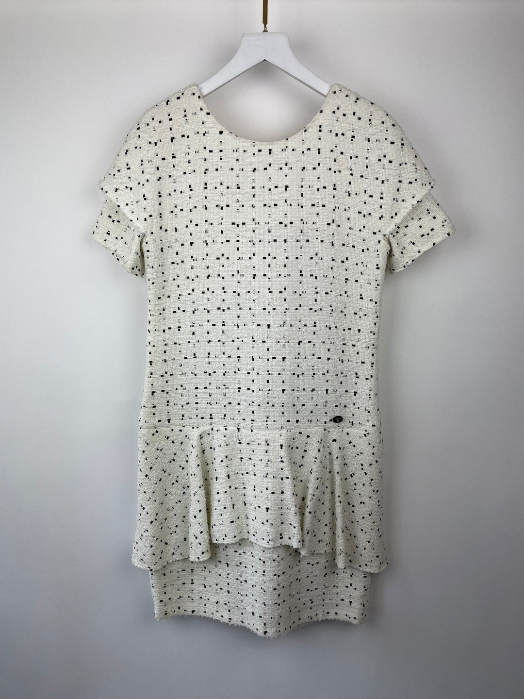 Top Quality Chanel White & Black Tweed Mini Dress With Frill Detail Skirt Size FR 38 (UK 10)