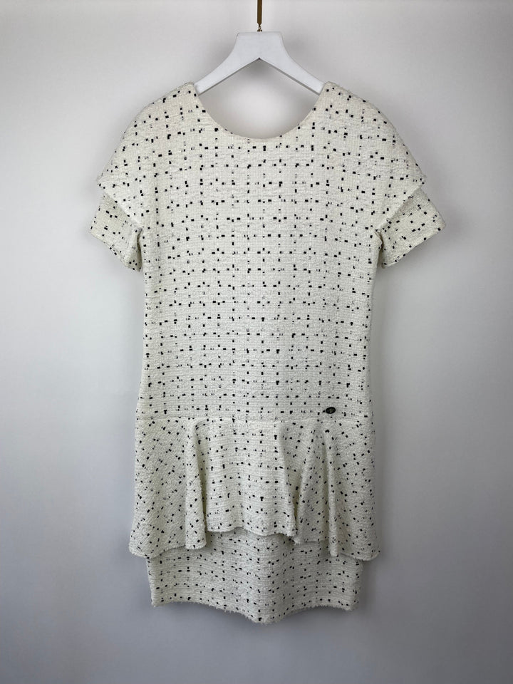 Top Quality Chanel White & Black Tweed Mini Dress With Frill Detail Skirt Size FR 38 (UK 10)