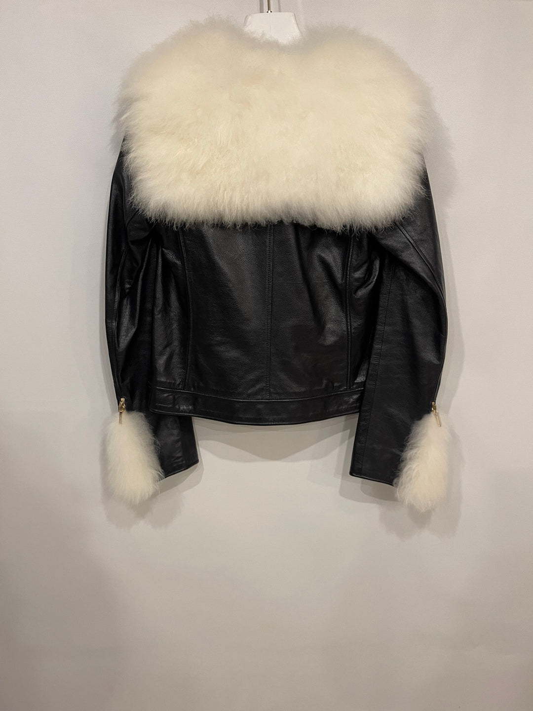 Top Quality Chanel Black Leather Asymmetric Jacket with White Fur Details and Logo Buttons Detail Size FR 34 (UK 6)