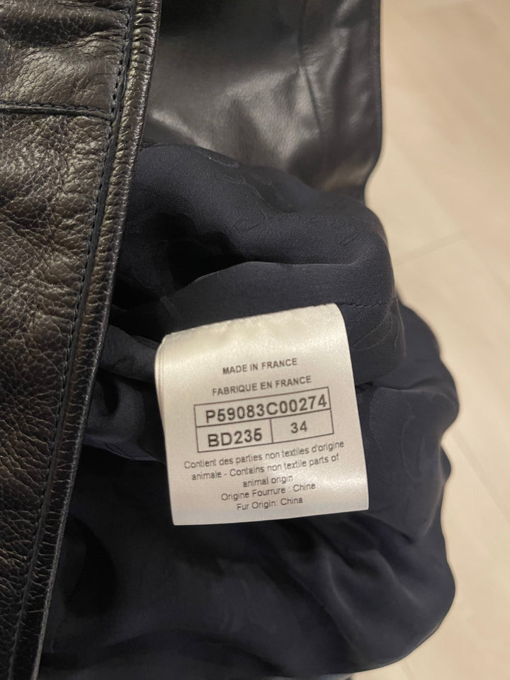 Top Quality Chanel Black Leather Asymmetric Jacket with White Fur Details and Logo Buttons Detail Size FR 34 (UK 6)