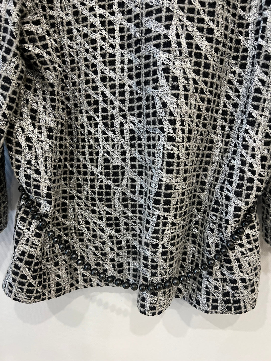 Top Quality Chanel Black and Silver Metallic Tweed Jacket with CC Buttons and Removable Pearl Detail Size FR 38 (UK 10)