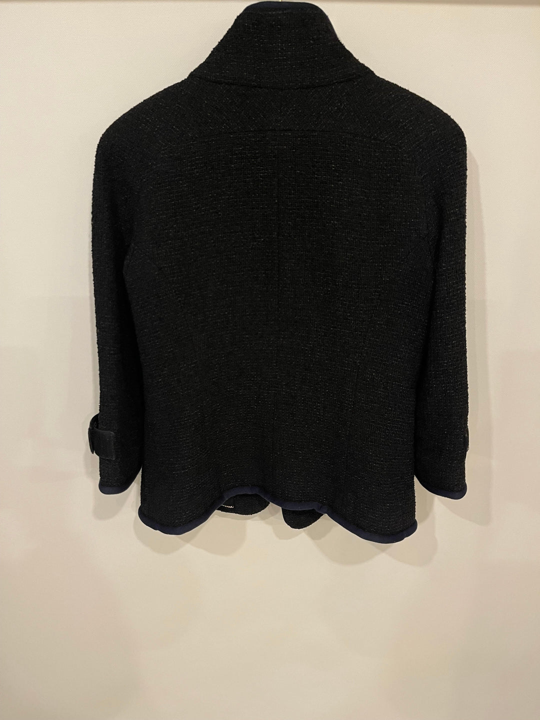 Top Quality Chanel Black Tweed Jacket with Velcro and Navy Details Size FR 42 (UK 14)