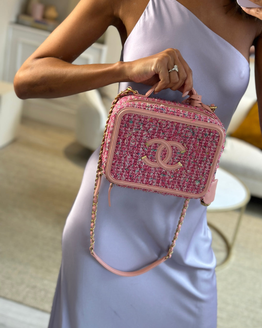 *SUPER HOT* Top Quality Chanel Pink Medium CC Filigree Vanity Case Bag in Tweed with Brushed Gold Hardware and Chain Detail